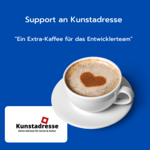 Produktbild, Support für Kunstadresse, Ein Extra-Kaffee für das Entwicklerteam, Kunstadresse - Deine Adresse für Kunst & Kultur, Das Bild zeigt eine Tasse Cappuccino mit Herz im Milchschaum