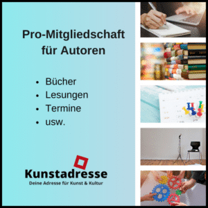 Kunstadresse Deine Adresse für Kunst & Kultur, Pro-Mitgliedschaft Literatur, Werbung für Schreibende. Abbildungen: Tintenfass mit Schreibfeder, Icon für eine Homepage, Bücher und ein Icon für einen Kalender