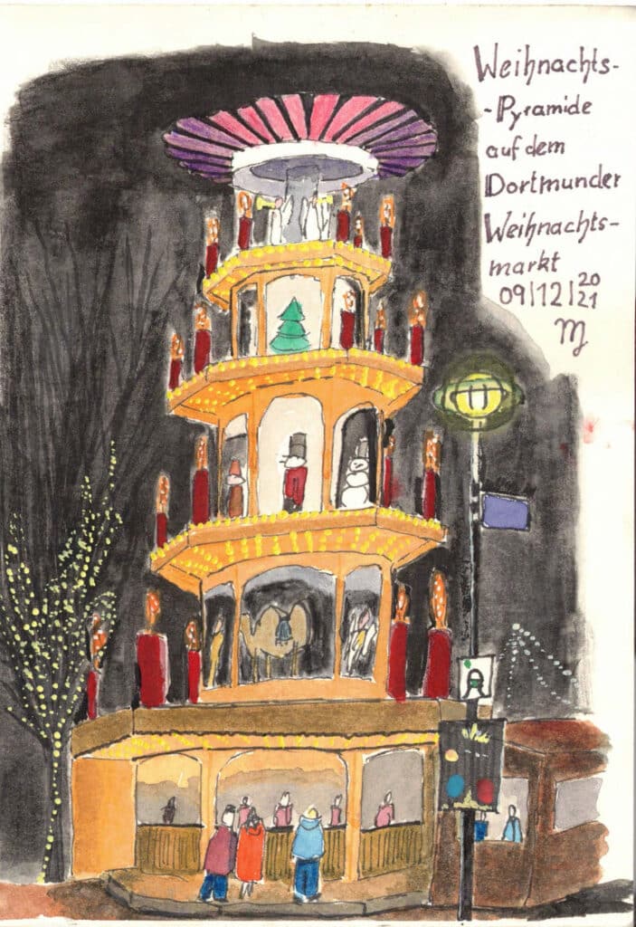 Weihnachtspyramide - eine Zeichnung (Urban Sketching) vom Dortmunder Urban Sketcher pinselschwinger67. Die Zeichnung ist coloriert und zeigt die abendliche Stimmung auf dem Weihnachtsmarkt.