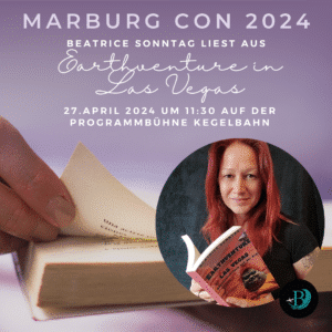 Beatrice Sonntag liest auf der Marburg Con 2024 aus ihrem Roman Earthventure - Abenteuerurlaub auf der Erde